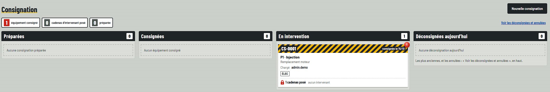 Les consignations rangées en colonnes : préparées, consignées, en intervention, déconsignées aujourd'hui.