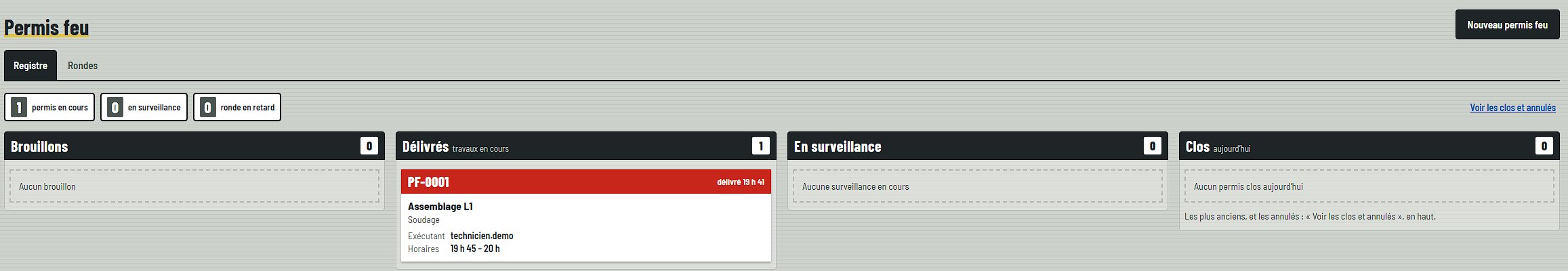 Le registre des permis feu, rangé en colonnes : brouillons, délivrés, en surveillance, clos.