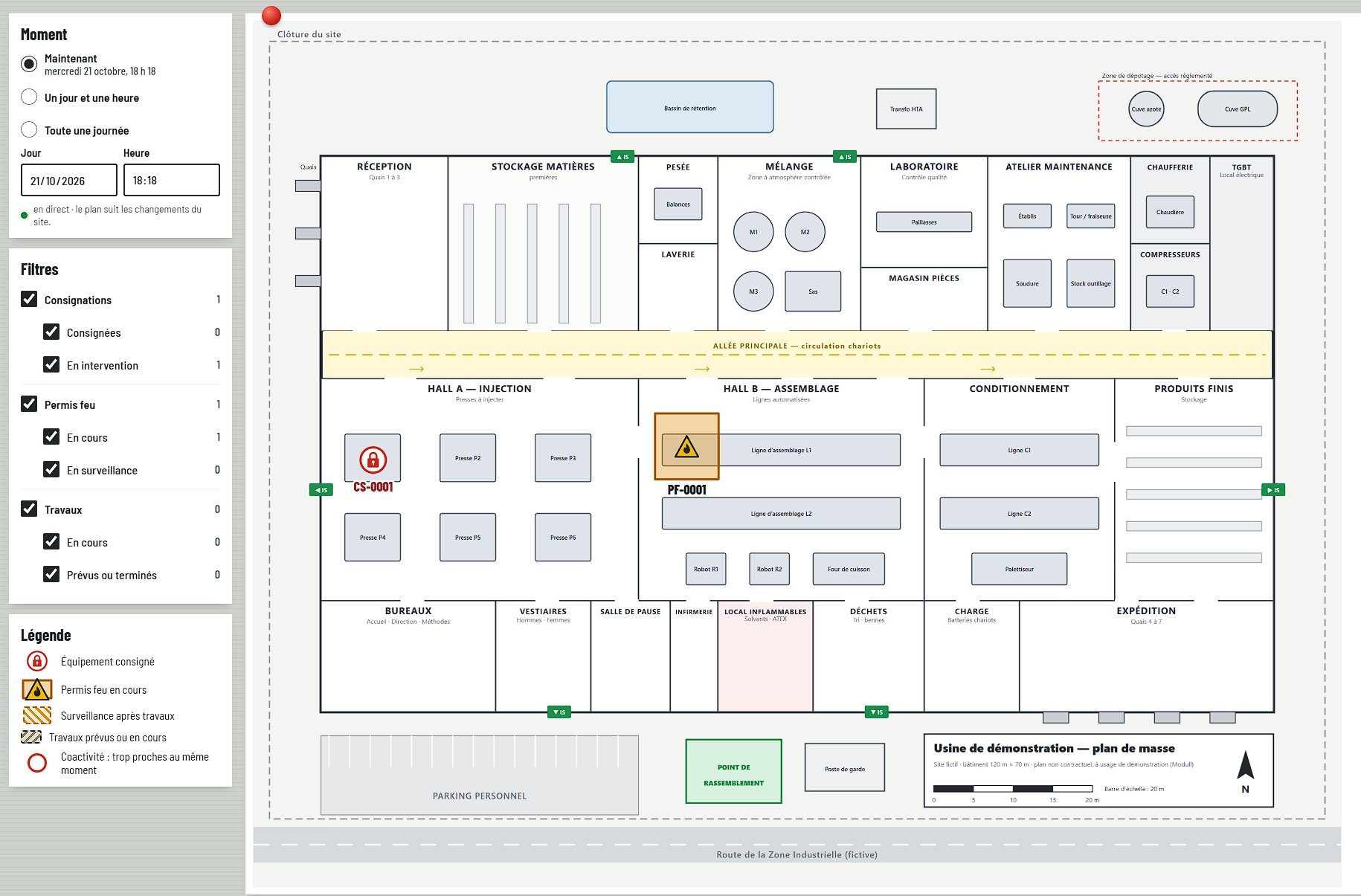 Le plan de l'usine dans Modull, avec une consignation et un permis feu placés sur les équipements concernés.
