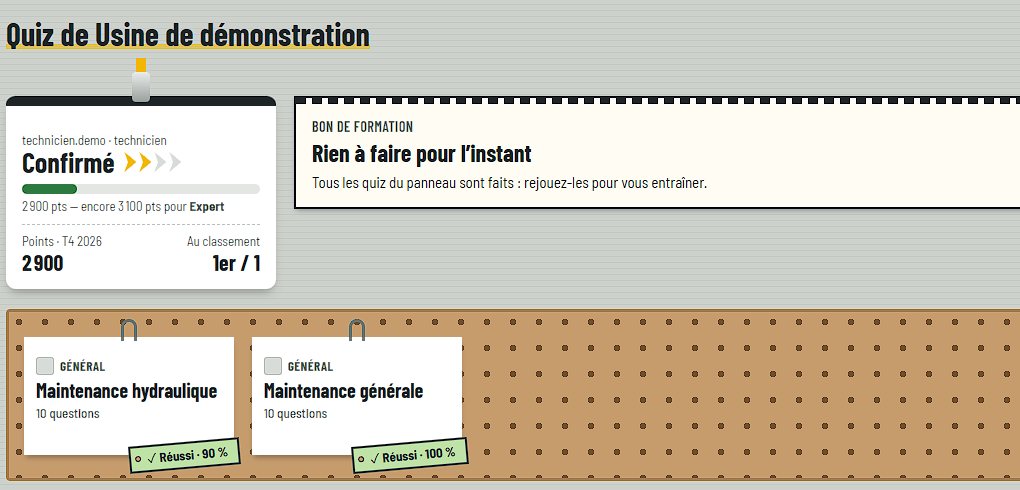 L'écran des quiz : le niveau du technicien, ses points, le classement et les quiz réussis.