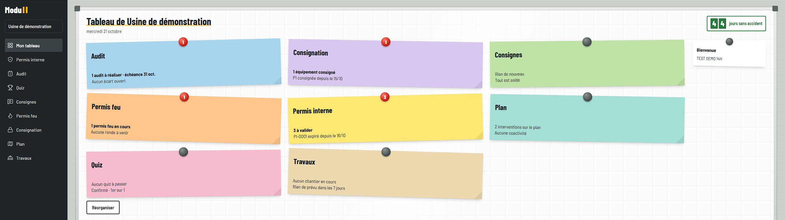 Le tableau d'un site dans Modull : un post-it de couleur par module, avec un aimant rouge sur ceux qui ont quelque chose en attente.